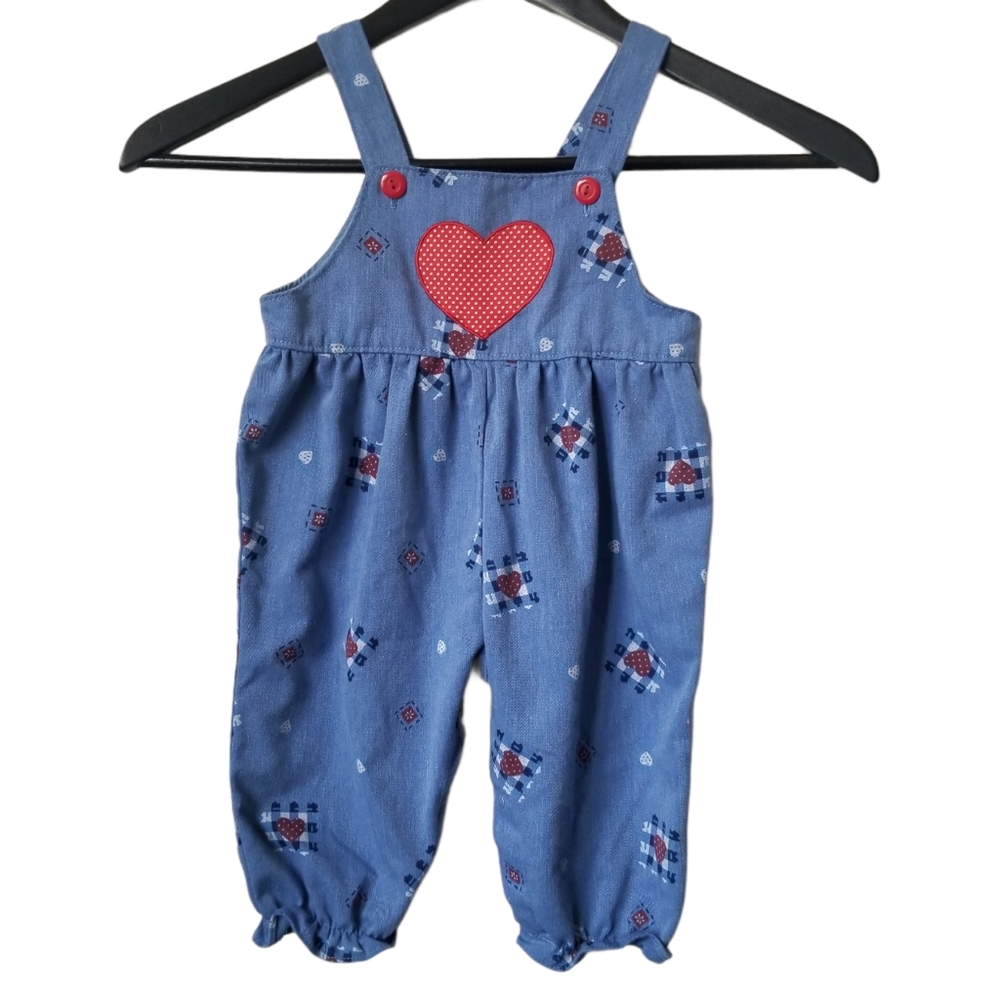 Vintage baby girls denim overalls with red heart